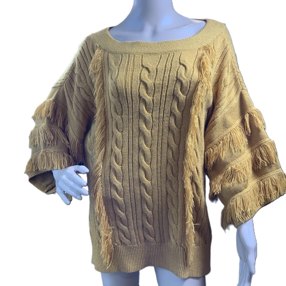 New York Co Gold Fringe Long Sleeve Cable Knit Sweater Size XL Western Cowgirl